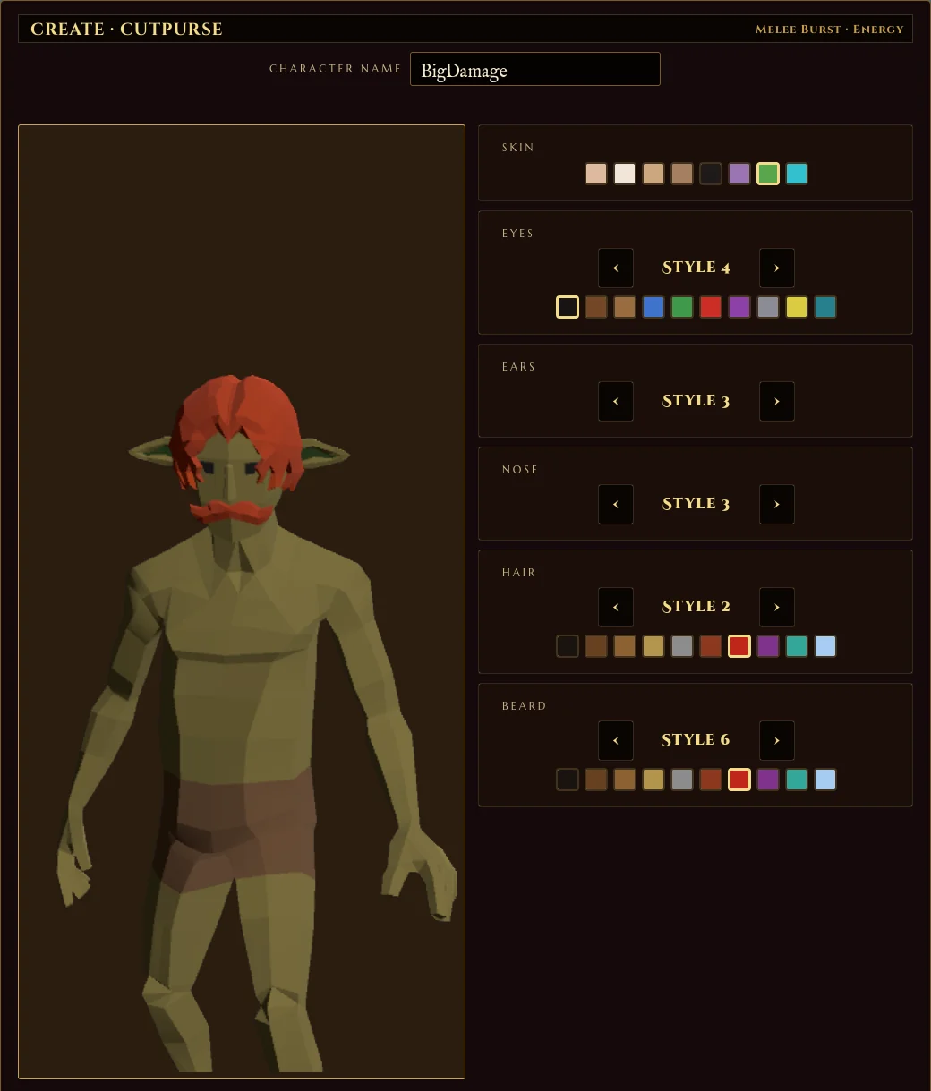 Outclassed character creation screen with class selection and a live 3D character preview
