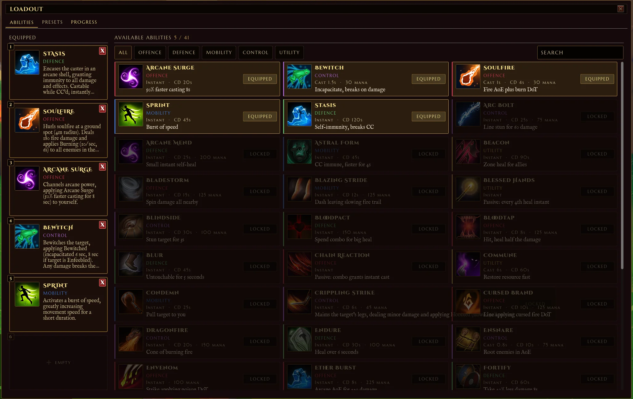 Outclassed loadout screen showing the 12-slot ability bar with six locked core abilities and six flex slots