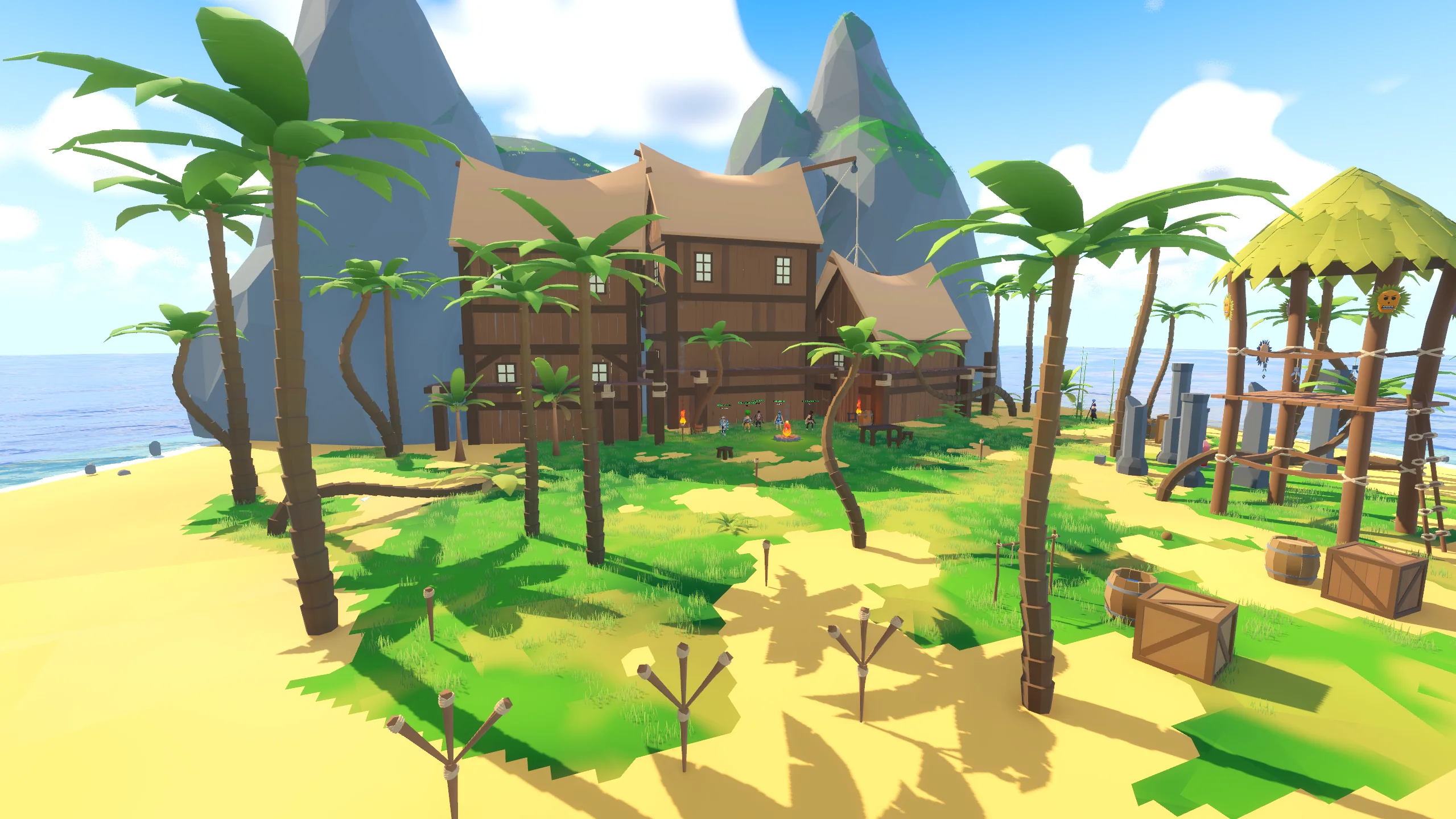 Bachiki Landing, the Outclassed lobby, a tropical island with players gathering near match-queue NPCs and training dummies