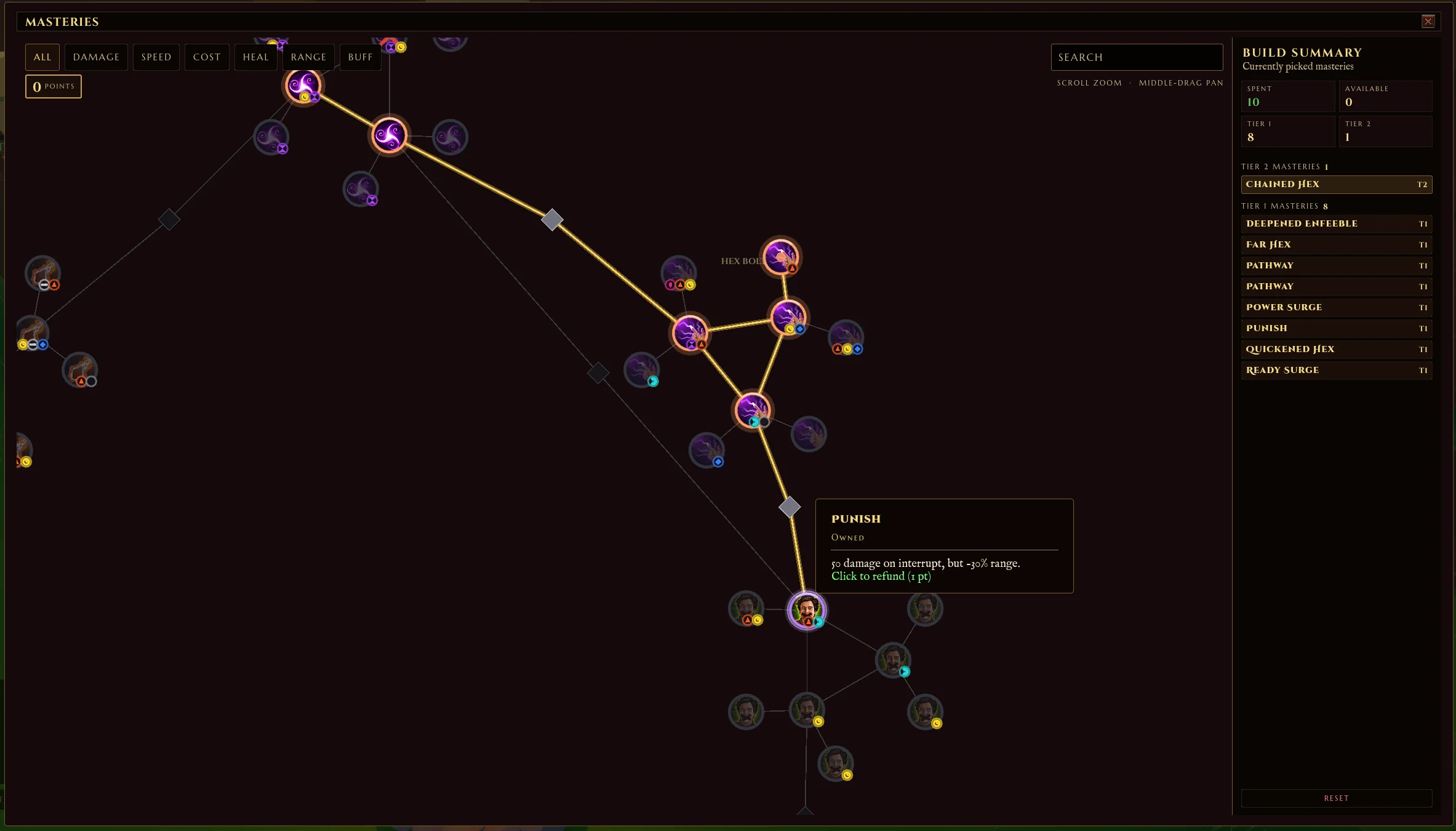 Outclassed mastery tree UI showing interconnected nodes for an ability, each node a side-grade trade-off