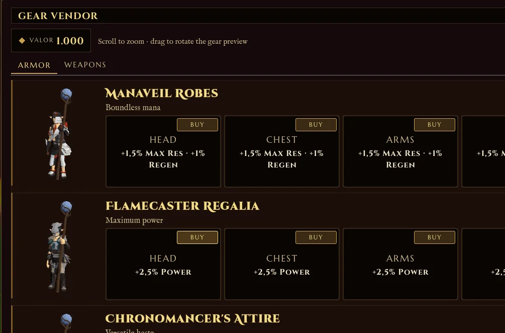 Outclassed gear vendor in the lobby with a live 3D preview rotating a character wearing armor pieces for sale